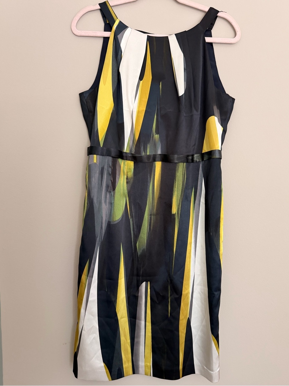 Tahari Sleeveless Abstract Print Midi Dress in Black, Yellow, Green & White
